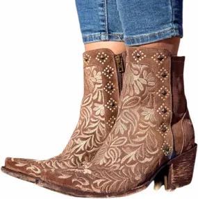 OMEARK Women's Cowboy Ankle Boots, Vintage Square Toe Block Mid Heel Western Booties, Winter Warm Lining Distressed Embroidered Short Booties