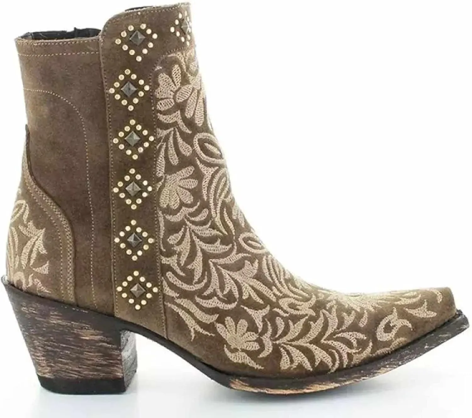 OMEARK Women's Cowboy Ankle Boots, Vintage Square Toe Block Mid Heel Western Booties, Winter Warm Lining Distressed Embroidered Short Booties