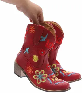 OMEARK Women's Floral Short Boots, Winter Retro Embroidery Cowboy Boots Ladies Wide Calf Snip Toe Roman Boots, Fashion Square Toe Faux PU Low Heel Western Ankle Boots