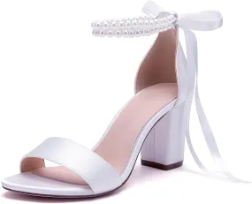 Pearl Wedding Shoes for Bride High Heels Block Heels Bridal Shoes with Bow Women Chunky Heels Sandals