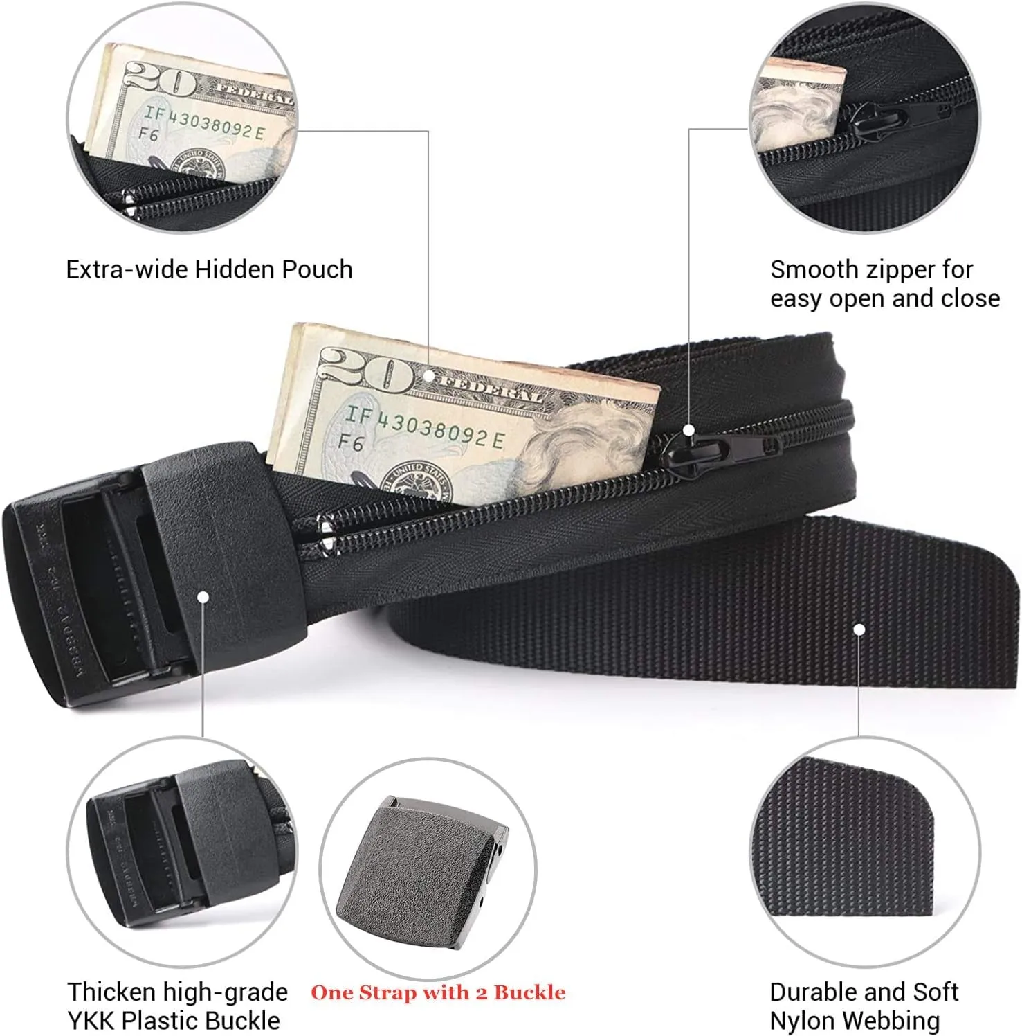 Travel Security Money Belt with Hidden Money Pocket - Cashsafe Anti-Theft Wallet Unisex Nickel Free Nylon Belt