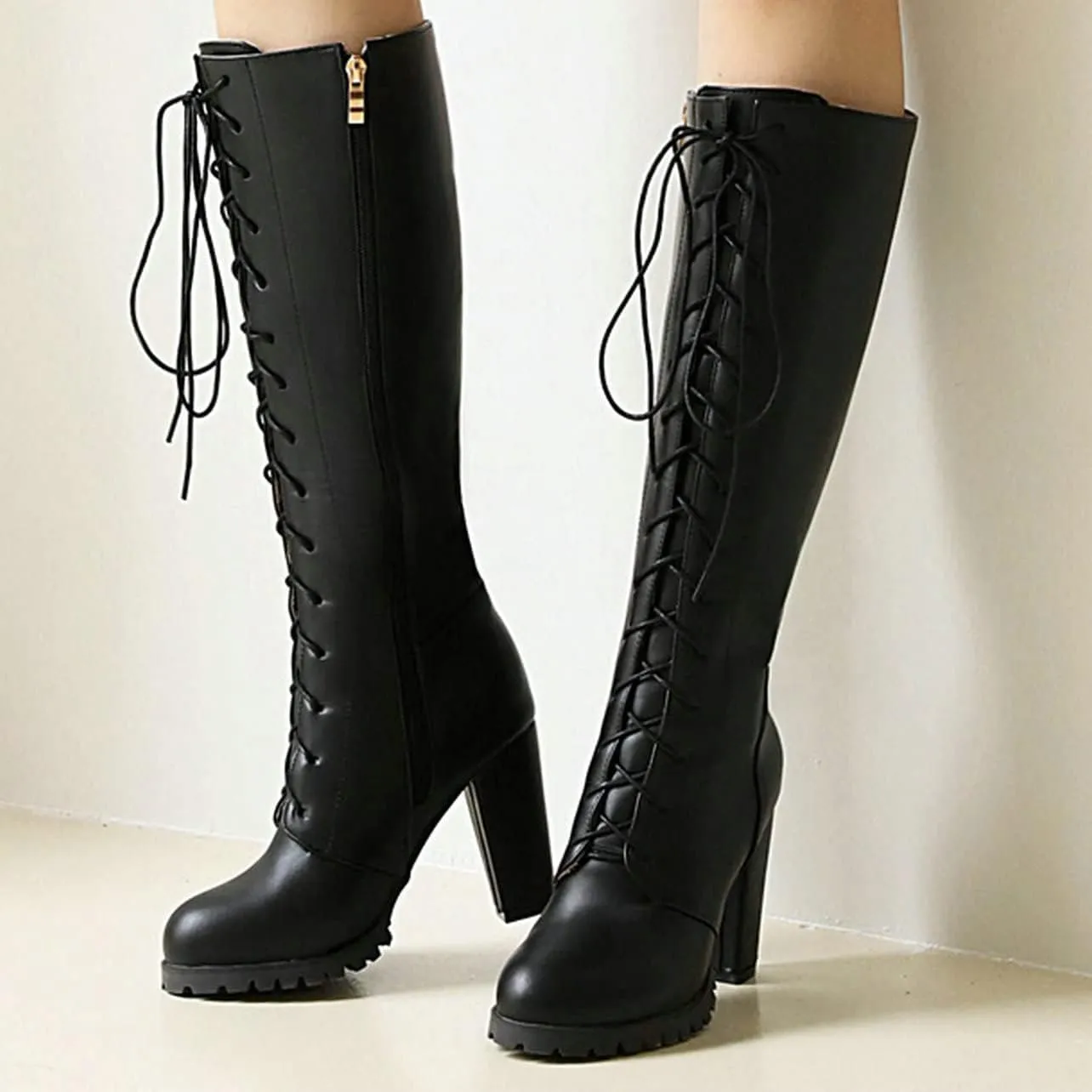 UniqueStride Womens Lace Up High Heel Knee High Boots Chunky Platform Heels Side Zipper Boot