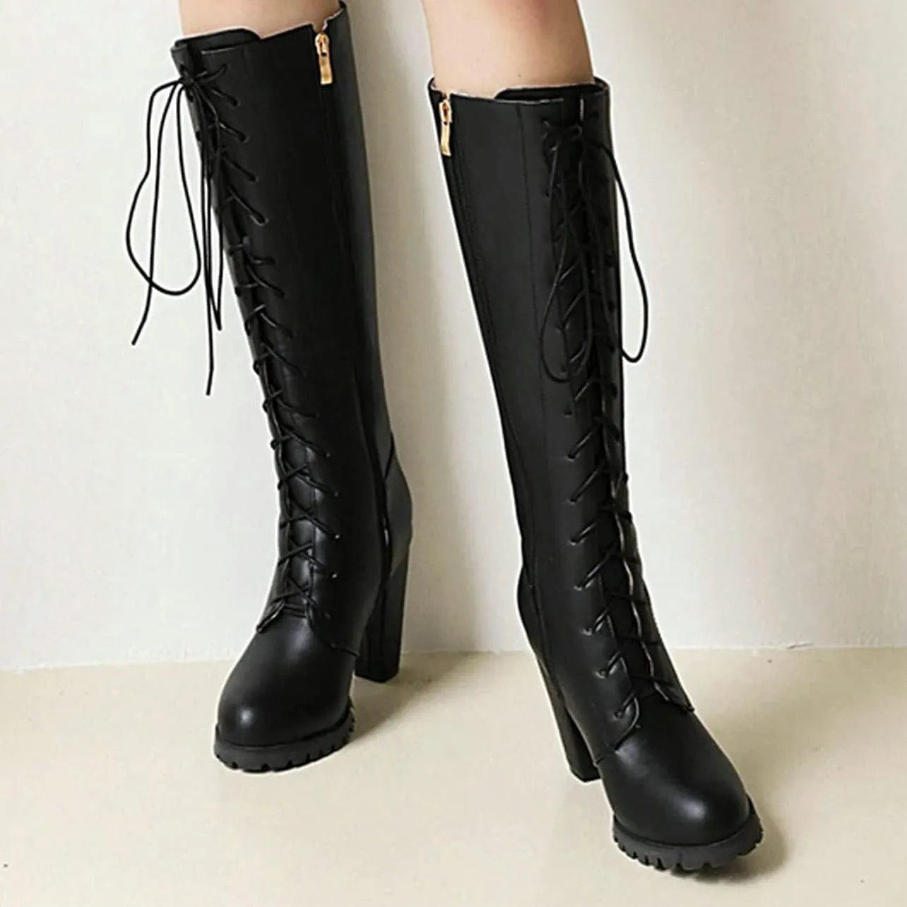UniqueStride Womens Lace Up High Heel Knee High Boots Chunky Platform Heels Side Zipper Boot