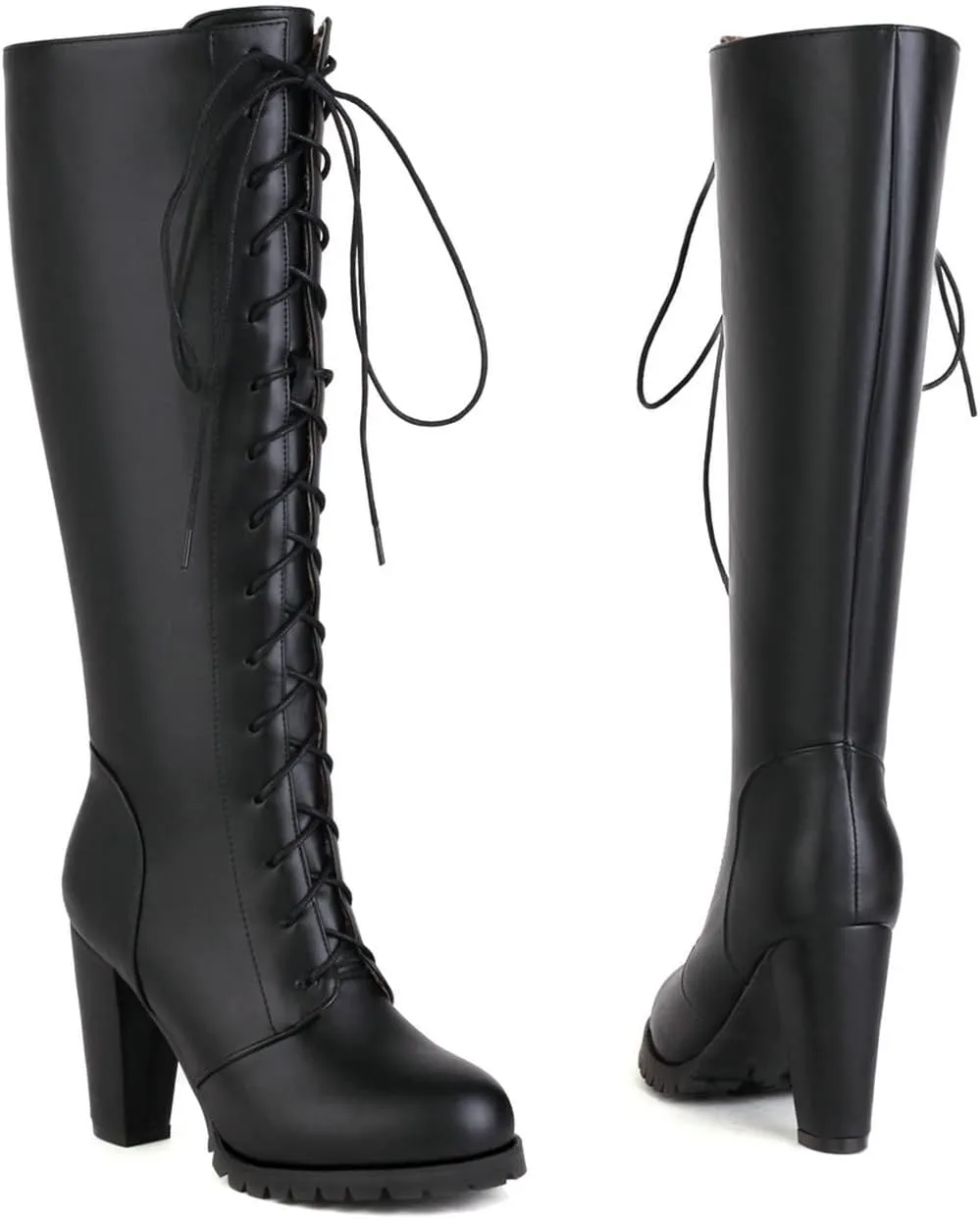 UniqueStride Womens Lace Up High Heel Knee High Boots Chunky Platform Heels Side Zipper Boot