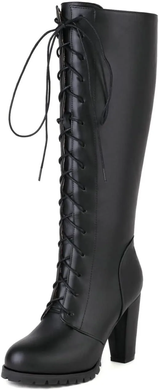 UniqueStride Womens Lace Up High Heel Knee High Boots Chunky Platform Heels Side Zipper Boot
