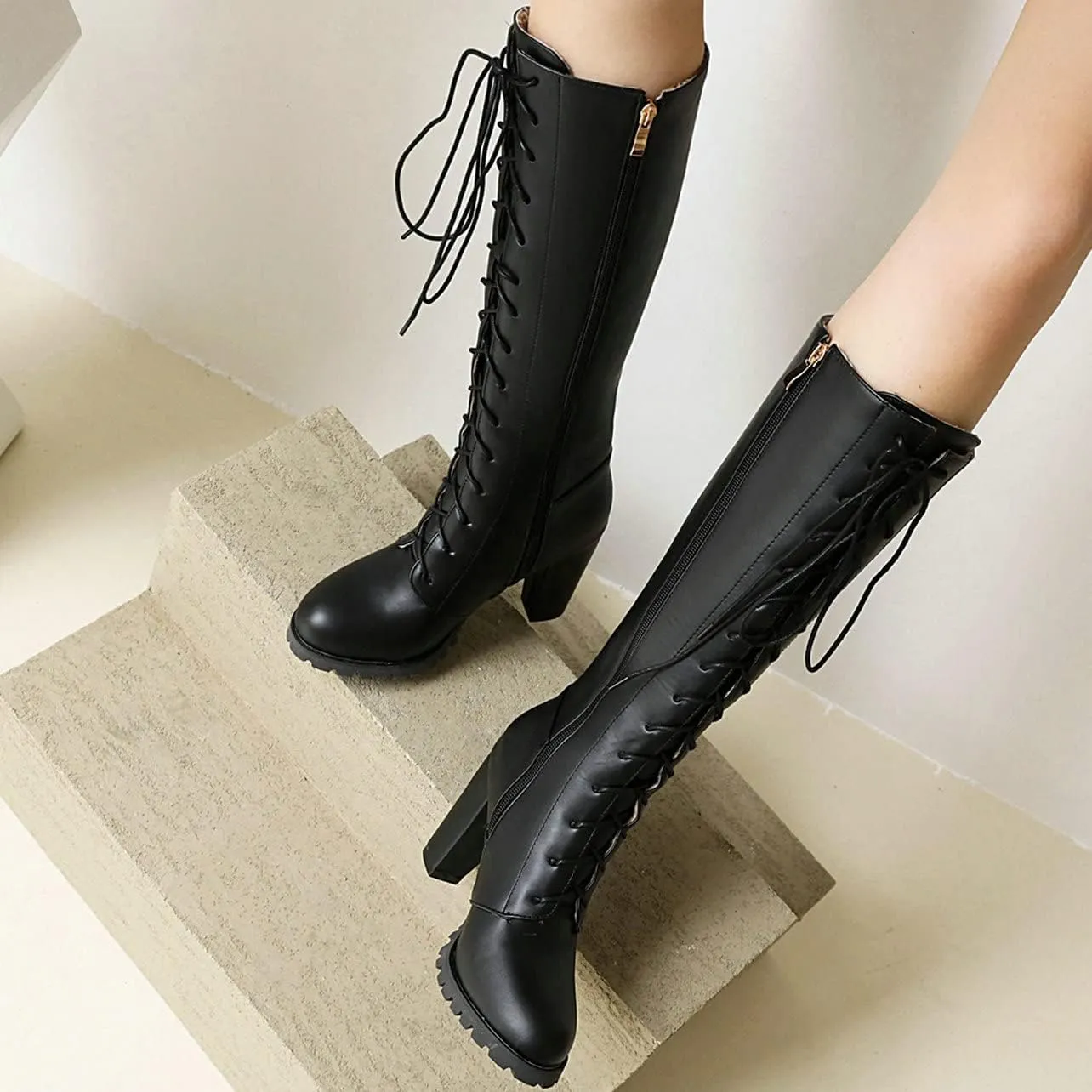 UniqueStride Womens Lace Up High Heel Knee High Boots Chunky Platform Heels Side Zipper Boot