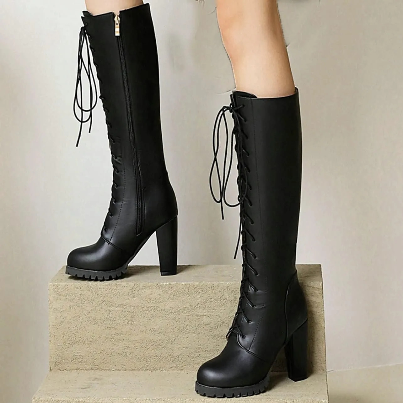 UniqueStride Womens Lace Up High Heel Knee High Boots Chunky Platform Heels Side Zipper Boot