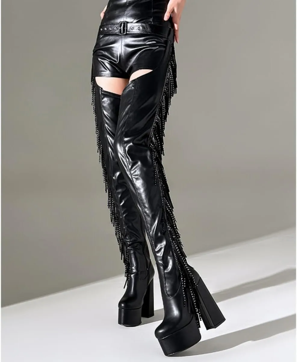 WILDKATZEN Women's Chap Boots Platform Chunky Heeled Over The Knee Tassel Boot