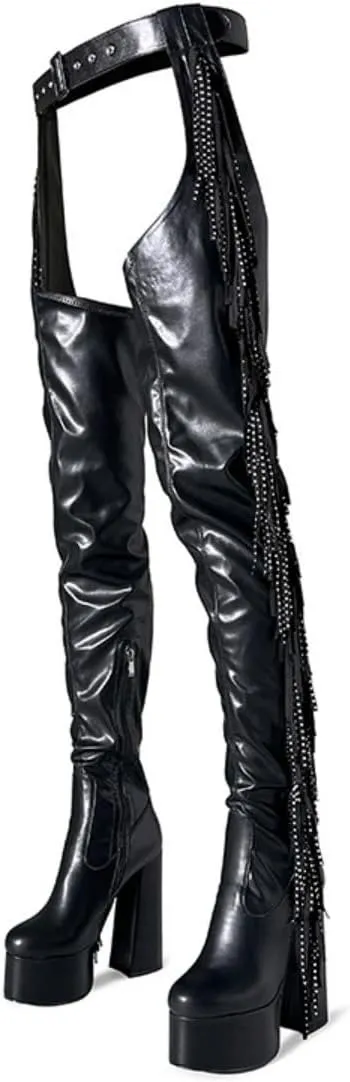 WILDKATZEN Women's Chap Boots Platform Chunky Heeled Over The Knee Tassel Boot