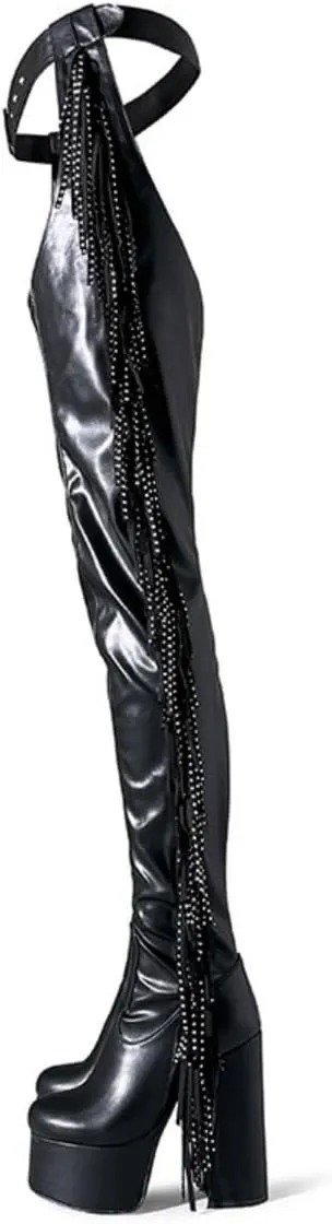 WILDKATZEN Women's Chap Boots Platform Chunky Heeled Over The Knee Tassel Boot