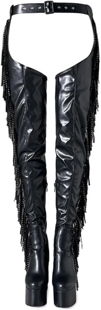 WILDKATZEN Women's Chap Boots Platform Chunky Heeled Over The Knee Tassel Boot