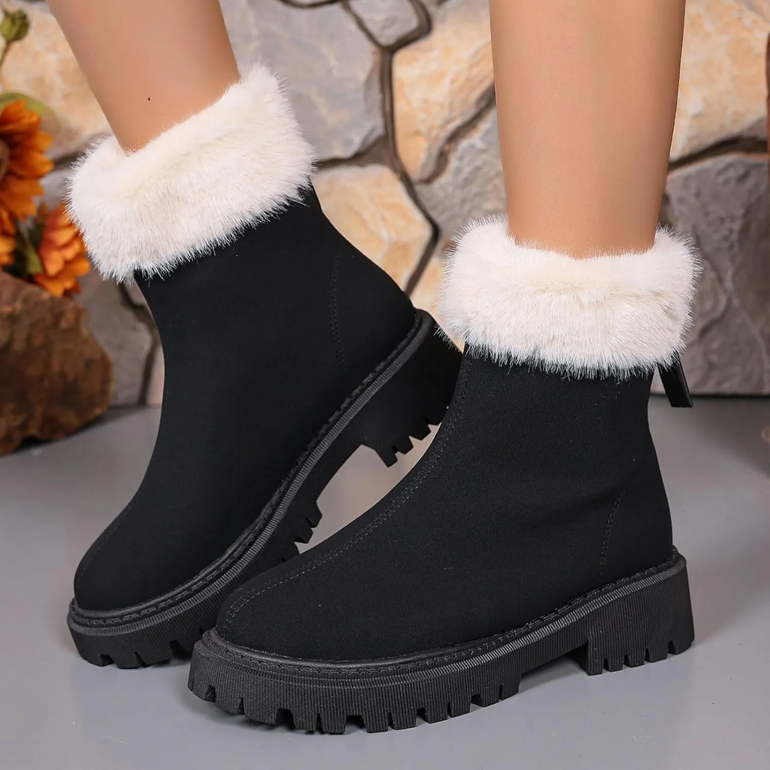 Women Winter Boots Short Boots Women Warm Ankle Boots Chunky Block Low Heel Comfortable Booties with Zipper