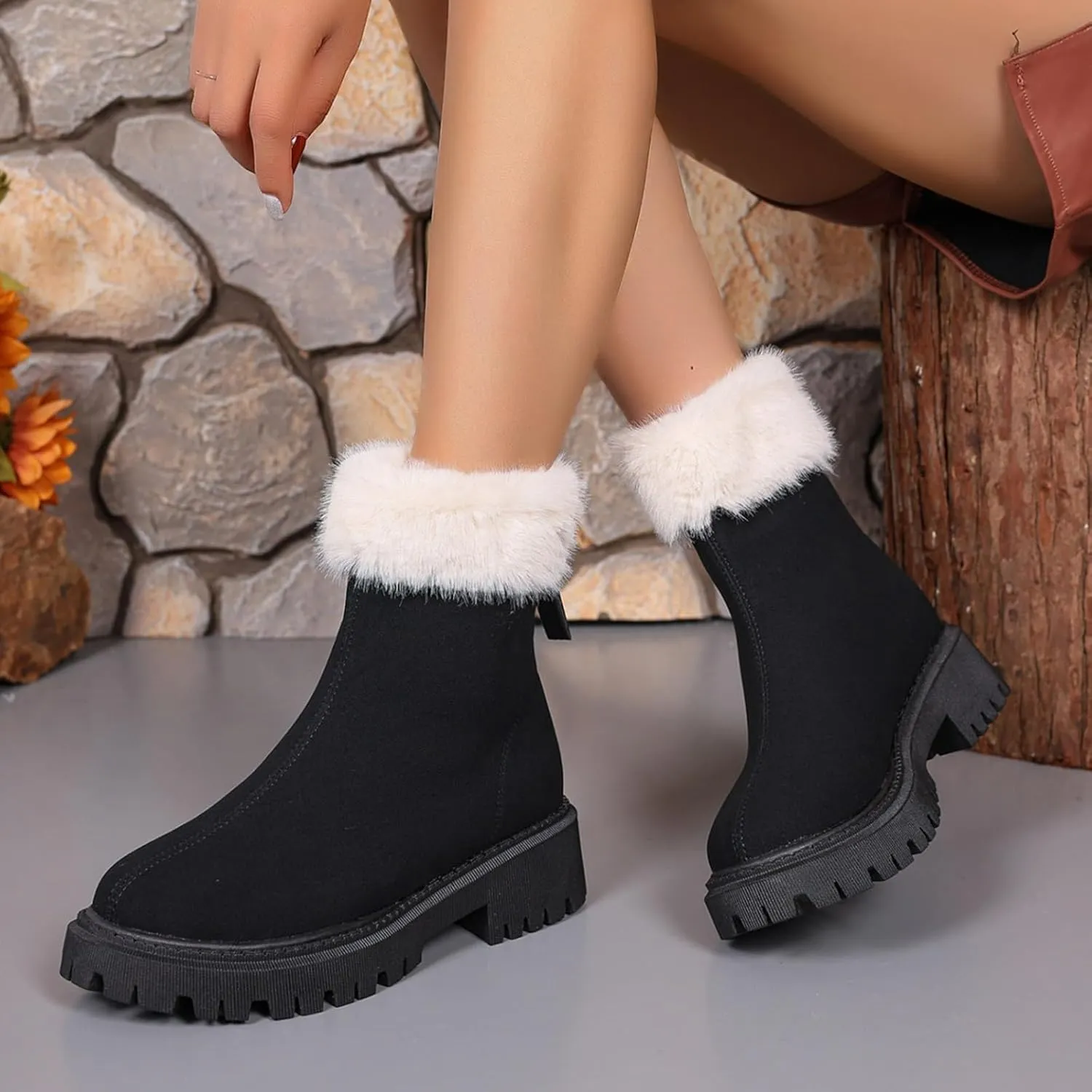 Women Winter Boots Short Boots Women Warm Ankle Boots Chunky Block Low Heel Comfortable Booties with Zipper