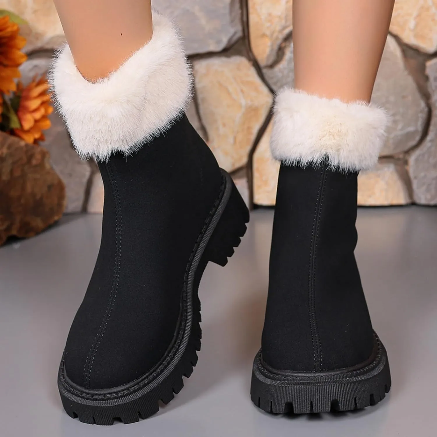 Women Winter Boots Short Boots Women Warm Ankle Boots Chunky Block Low Heel Comfortable Booties with Zipper