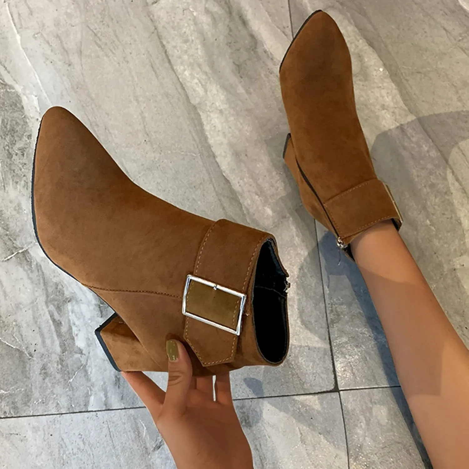 Women's Ankle Boots Chunky Block Low Heel Pointed Toe Booties Fashion Office Dress Booties with Buckle Zipper