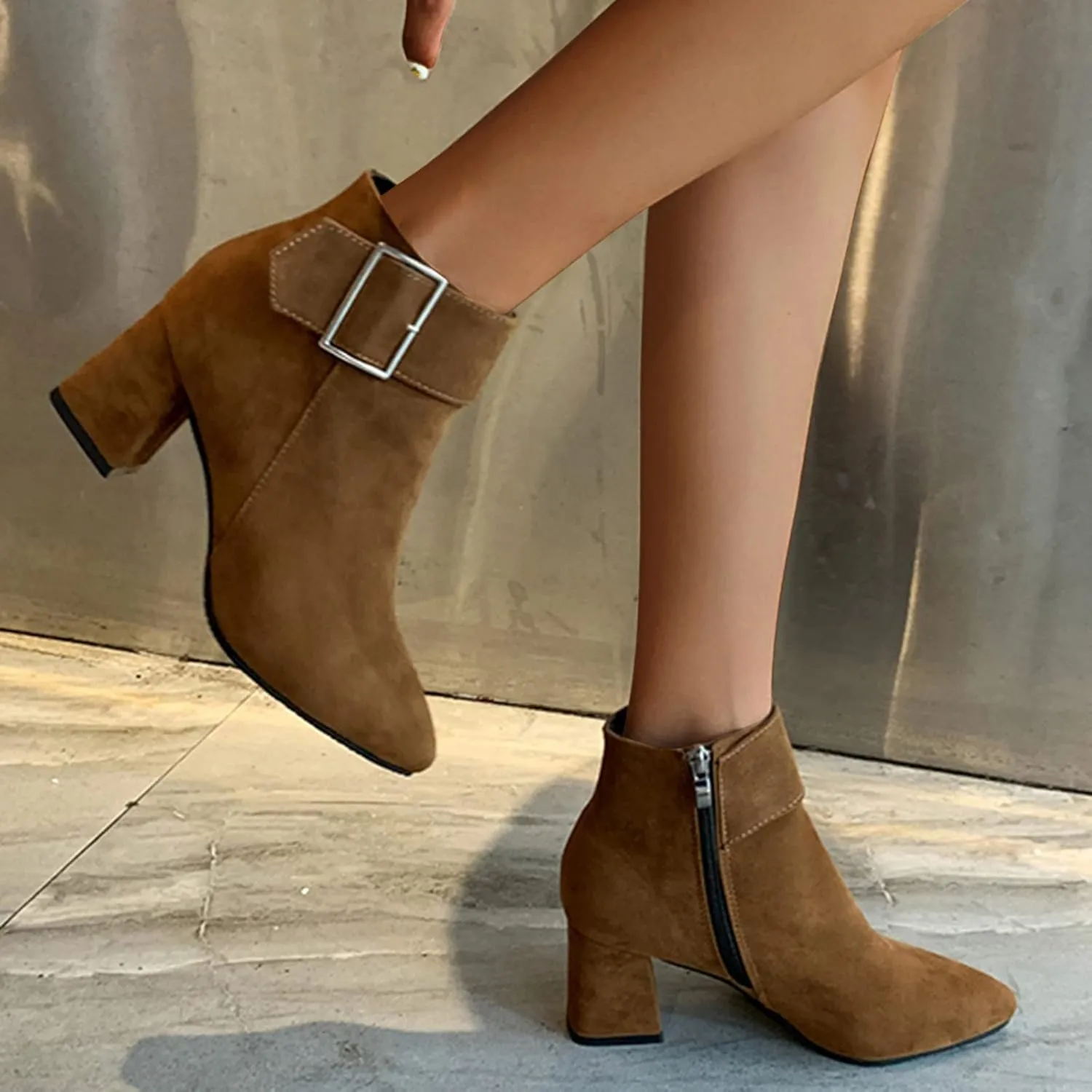 Women's Ankle Boots Chunky Block Low Heel Pointed Toe Booties Fashion Office Dress Booties with Buckle Zipper