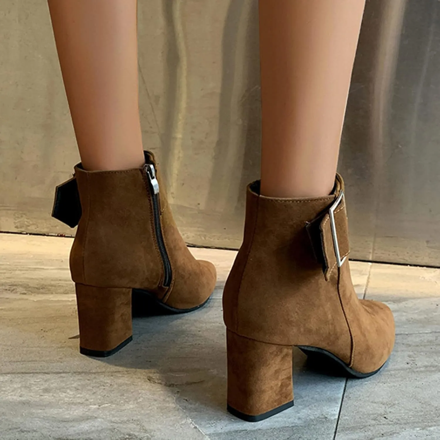 Women's Ankle Boots Chunky Block Low Heel Pointed Toe Booties Fashion Office Dress Booties with Buckle Zipper