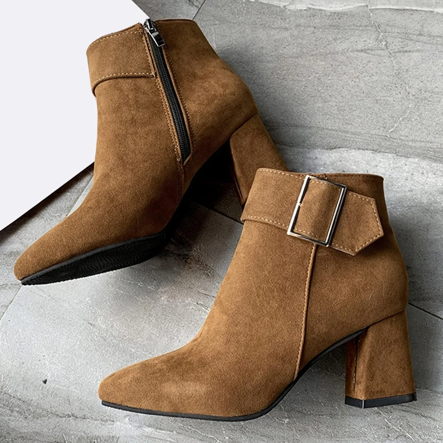 Women's Ankle Boots Chunky Block Low Heel Pointed Toe Booties Fashion Office Dress Booties with Buckle Zipper