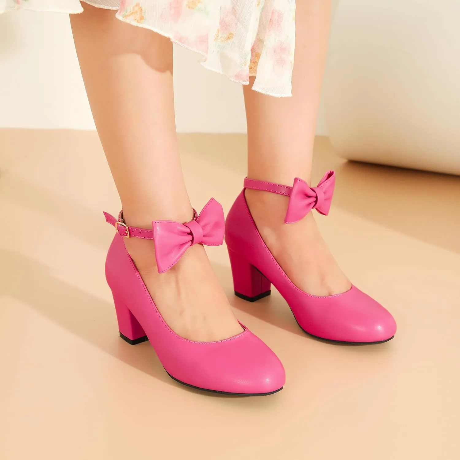 Women's Ankle Strap Heels Removable Bow Closed Toe Low Chunky Heels Pumps Mary Jane Dress Shoes