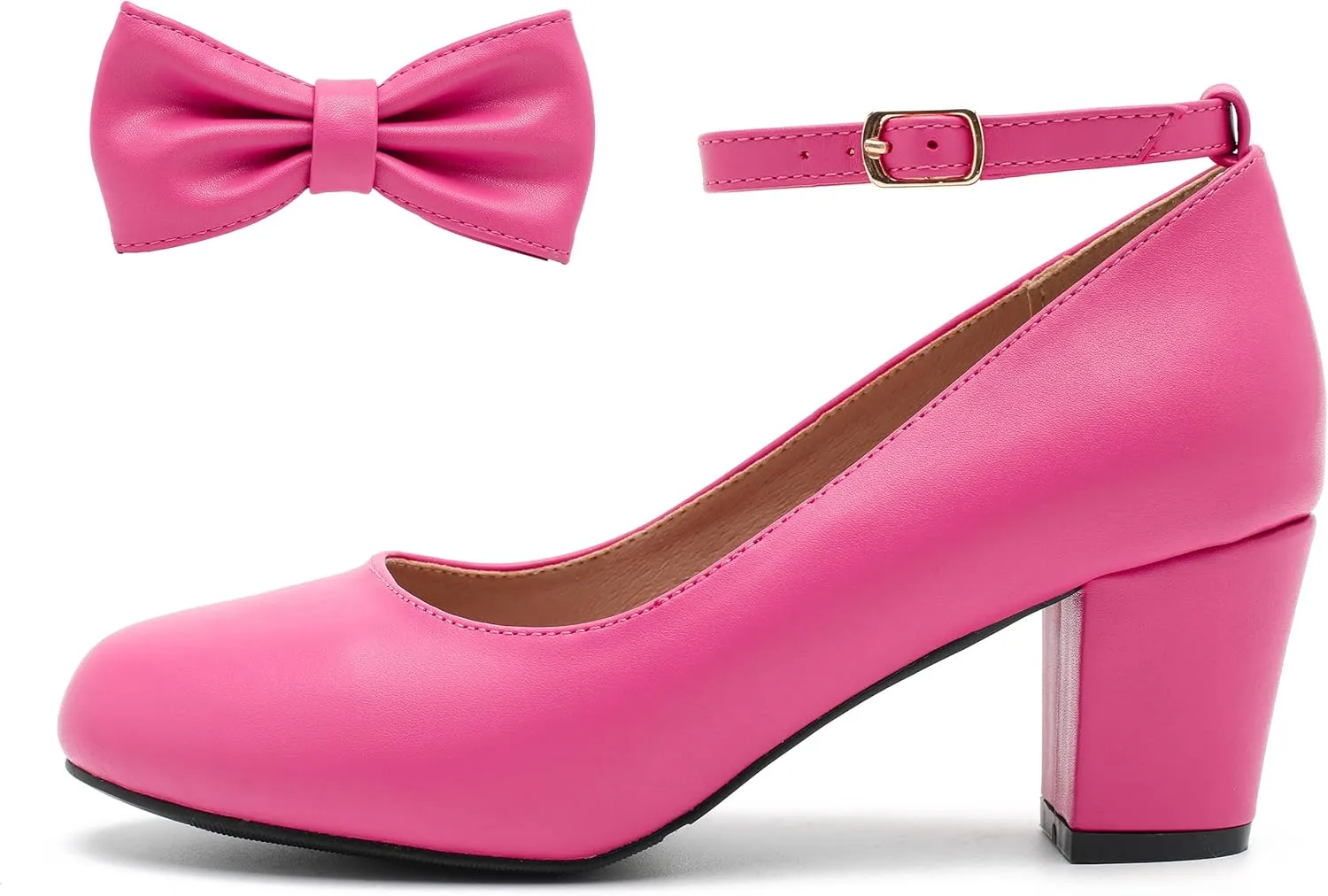 Women's Ankle Strap Heels Removable Bow Closed Toe Low Chunky Heels Pumps Mary Jane Dress Shoes