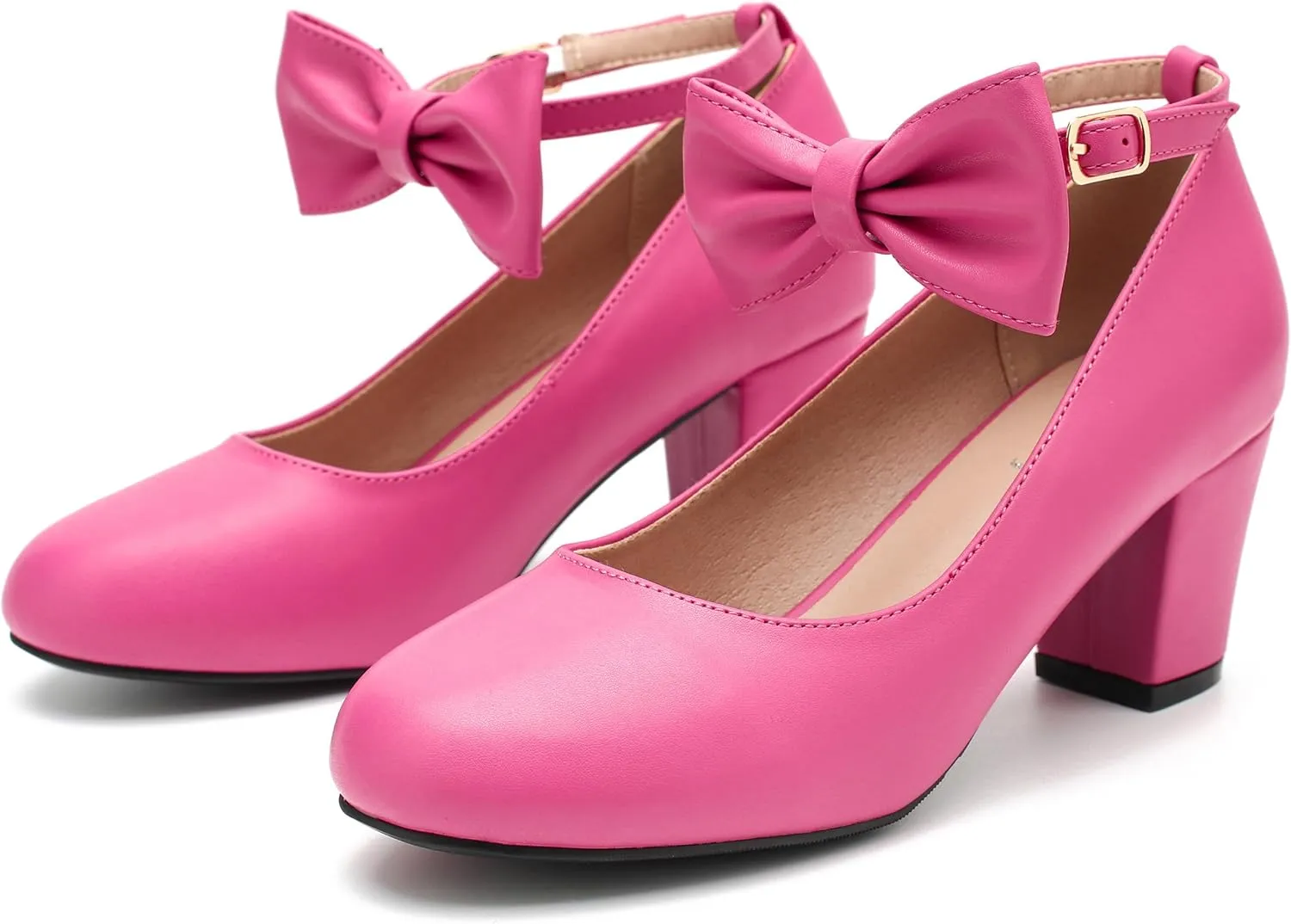 Women's Ankle Strap Heels Removable Bow Closed Toe Low Chunky Heels Pumps Mary Jane Dress Shoes