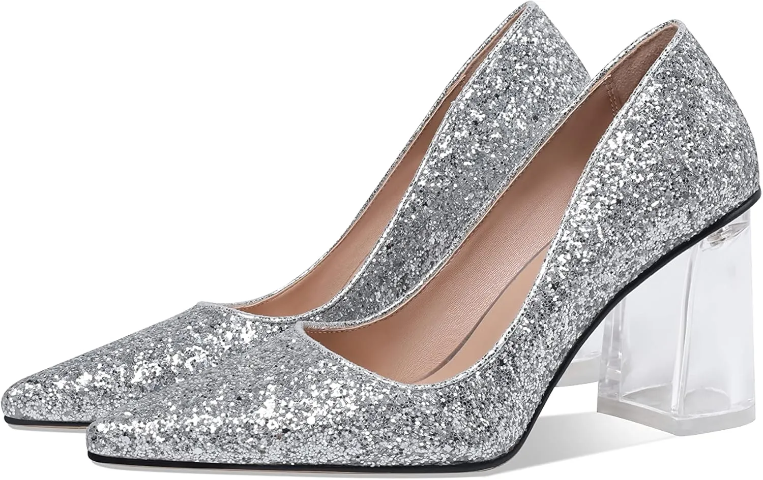 Women's High Chunky Heel Dress Pumps Shoes Sparkly Pointed Closed Toe Block Clear Heels for Women