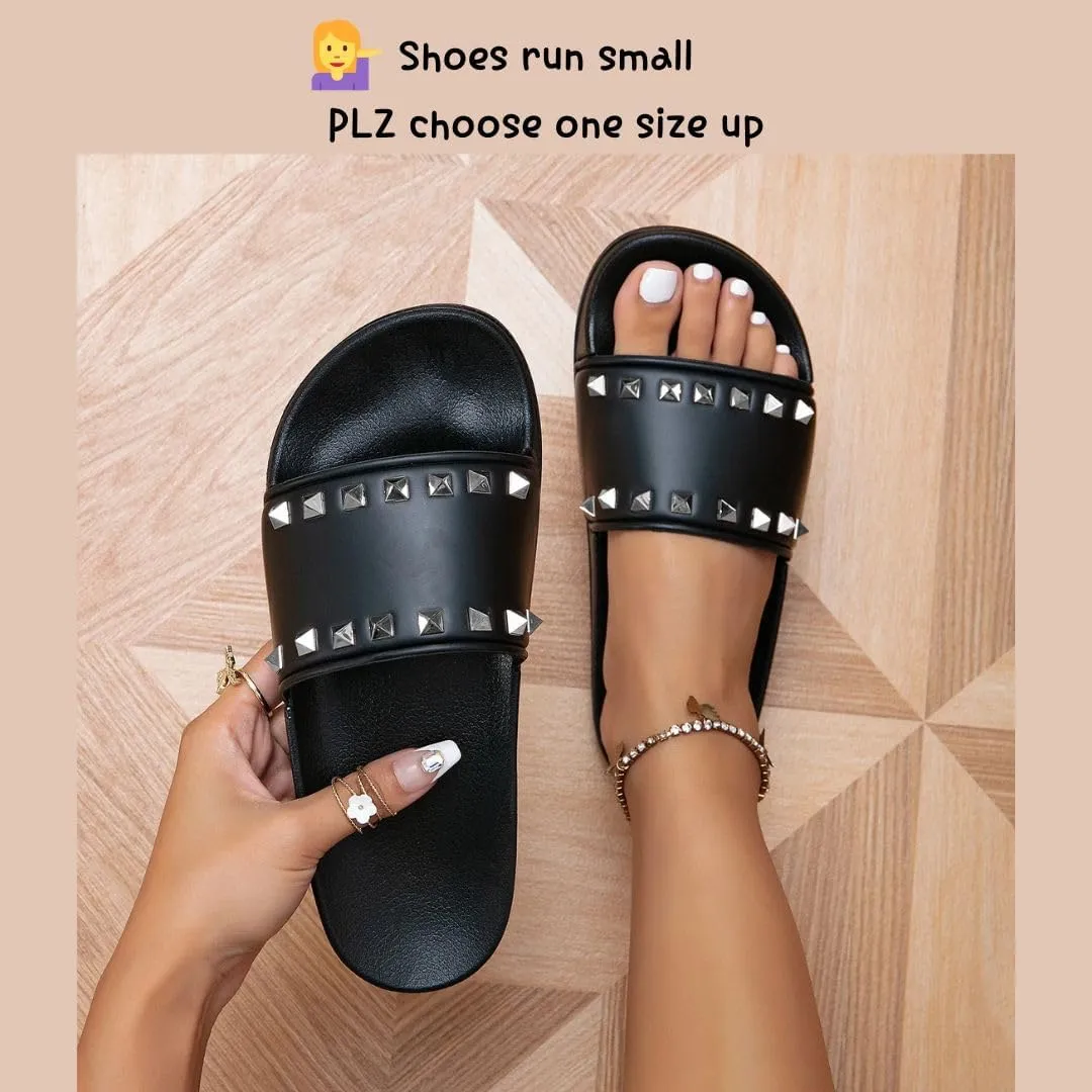 Women's Studded Flat Slippers Slip On Summer Indoor and Outdoor Slide Sandals Beach Rain Shoes