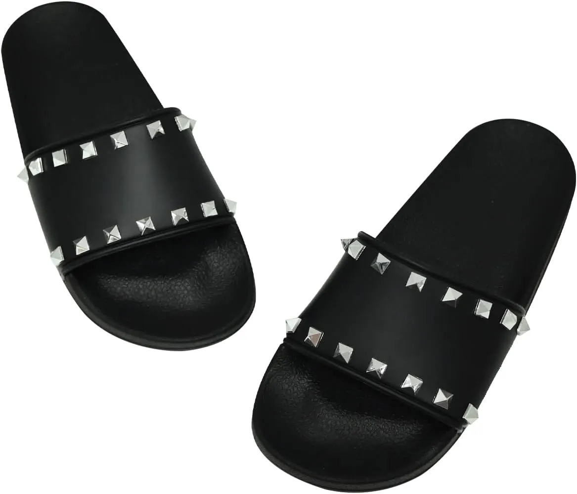 Women's Studded Flat Slippers Slip On Summer Indoor and Outdoor Slide Sandals Beach Rain Shoes