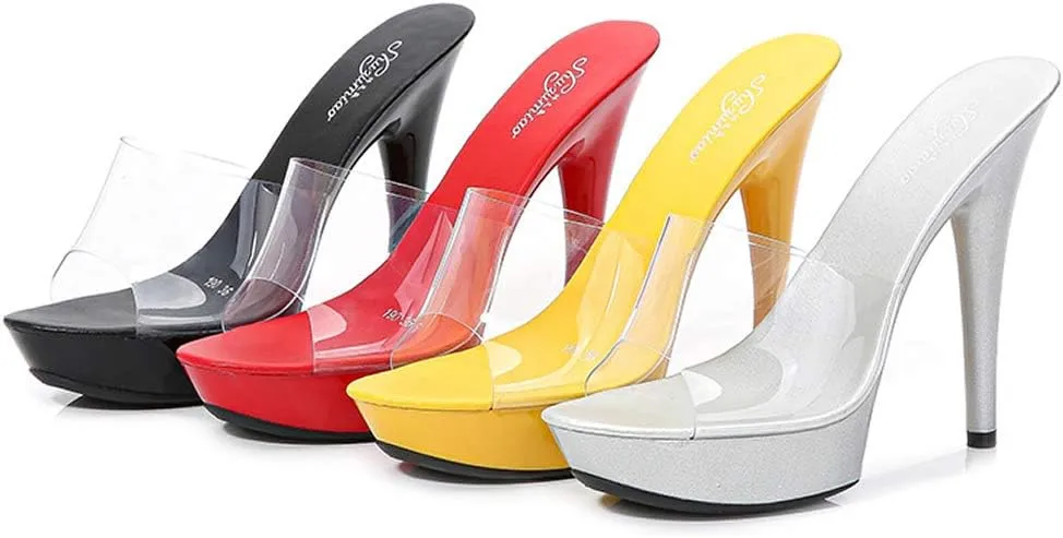 YIYA Women's High Heel Slides with Platform Clear Stiletto High Heels Sandals Peep Toe Dress Party Backless Shoes