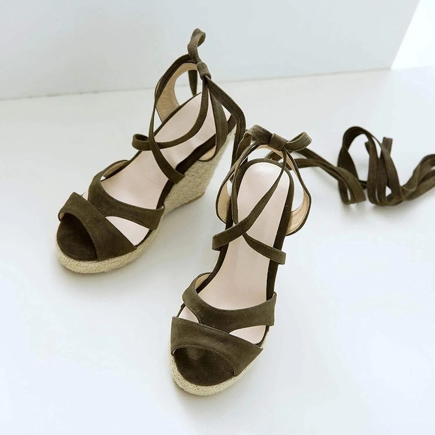 ZBYY Womens Lace Up Espadrille Platform Wedge Sandals Ankle Strap Mid Heel Slingback Summer Wedding Party Dress Shoes